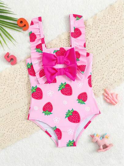 女婴连体泳衣，可爱草莓数码印花花边纯色蝴蝶结装饰婴儿幼儿沙滩泳装