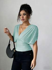 Elenzga 女士春夏网眼弹力针织内衬优雅度假沙滩装，通勤休闲法式浪漫交叉褶皱，肩部袖口收褶，腰部抽褶，可调节下摆荷叶边T恤上衣 - 薄荷綠 - 查看 6