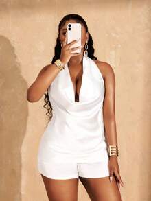 Lunelith SHEIN Lunessa Women's Solid Color Draped Neck Tank Top And Shorts Set - White - View 6