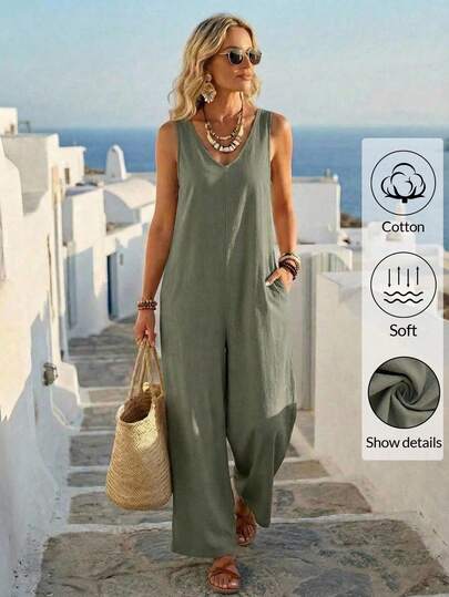 EMERY ROSE Urlaubs-Lässig einfarbiger ärmellose Jumpsuit mit weitem Bein