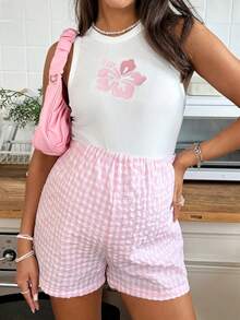 SHEIN 孕妇休闲花卉刺绣背心和格子短裤两件套，夏季 - 白色 - 查看 4