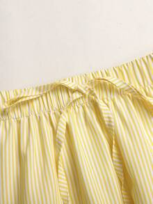SHEIN Rok Panjang Kasual Sehari-hari Serbaguna Nyaman Musim Panas Motif Garis-garis Krem Kuning untuk Liburan Anak Perempuan Remaja - Kuning - View 2