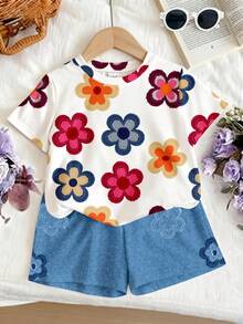 2件套，适合4-7岁女童，彩色碎花短袖T恤+碎花短裤，轻薄透气，休闲百搭，适合春夏日常穿着。 - 彩色 - 查看 3