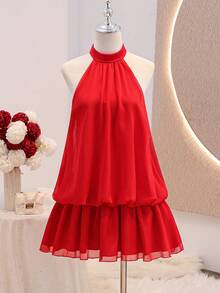 Summer Dress  Teen Girl Solid Color Ruffle Hem Halter Neck Dress Summer Outfits  Squishy Dress - Red - View 9