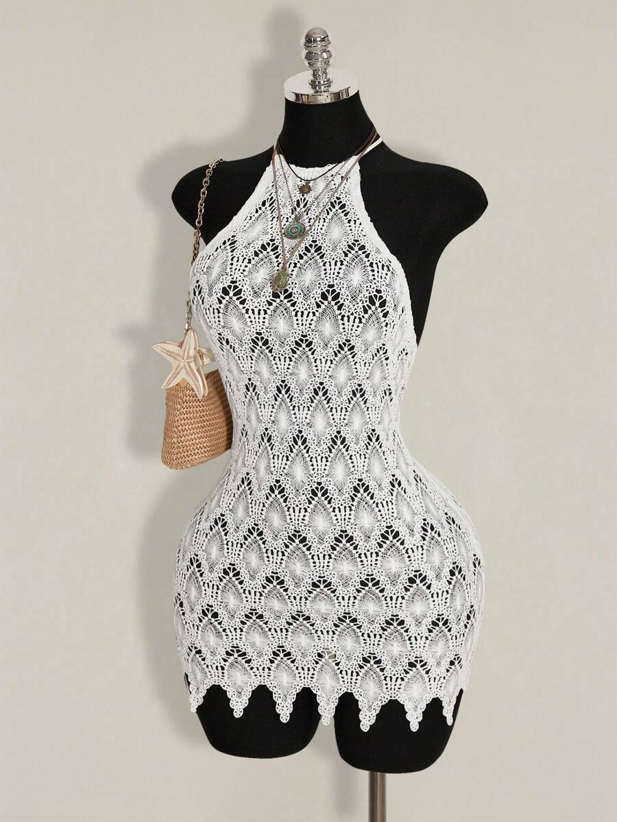 SHEIN ICON Vestido mini ajustado con diseño sexy de escote halter y calado para mujer - Blanco - Ver 1