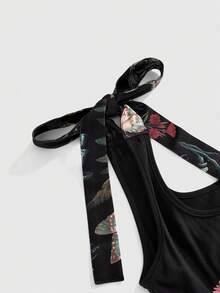 ROMWE Nature-Inspired Gothic Moth, Mushroom, Floral Embroidered Fitted A-Line Dress - Black - View 4