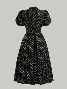 SHEIN Girlism Đầm chữ A xếp ly eo, tay phồng, cổ đứng, in chấm bi đen, thắt nơ, dành cho bé gái tuổi teen, trang phục thanh lịch cho bé gái dự tiệc cưới, phù dâu, sinh nhật. - màu đen - Xem 3