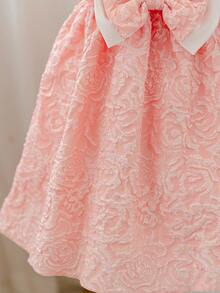 SHEIN Glamorique Kids 年轻女孩优雅迷人的粉色提花无袖收腰可爱蝴蝶结设计奢华蓬松连衣裙 - 粉色 - 查看 6