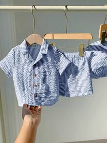 SHEIN 3件套男女宝宝可爱绿色条纹短袖衬衫套装，春夏宝宝服装，复活节服装 - 藍色 - 查看 8