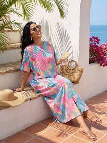 SHEIN Lady Women's Tie Dye Print V-Neck Batwing Short Sleeve Casual Dress,Summer Dresses For Women Holiday Vacation Beach Vacation Outfits For Women Spring Summer Vacation Outfits For Women Beach Outfit For Women Vacation Beach Outfit  Beach Outfit For Women Beach Outfit For Women Beach Summer Outfit For Women Casual Sets For Women Summer Clothes Summer Summer Outfit For Women - Multicolor - View 3