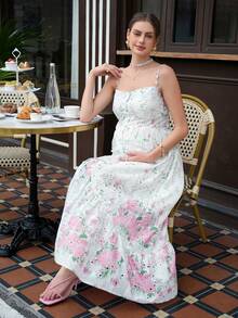 Momance Maternity Floral Print Ruched Casual Vacation Sleeveless Dress - Multicolor - View 5