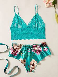 Floral Lace Bow Front Lingerie Set - Green - View 2