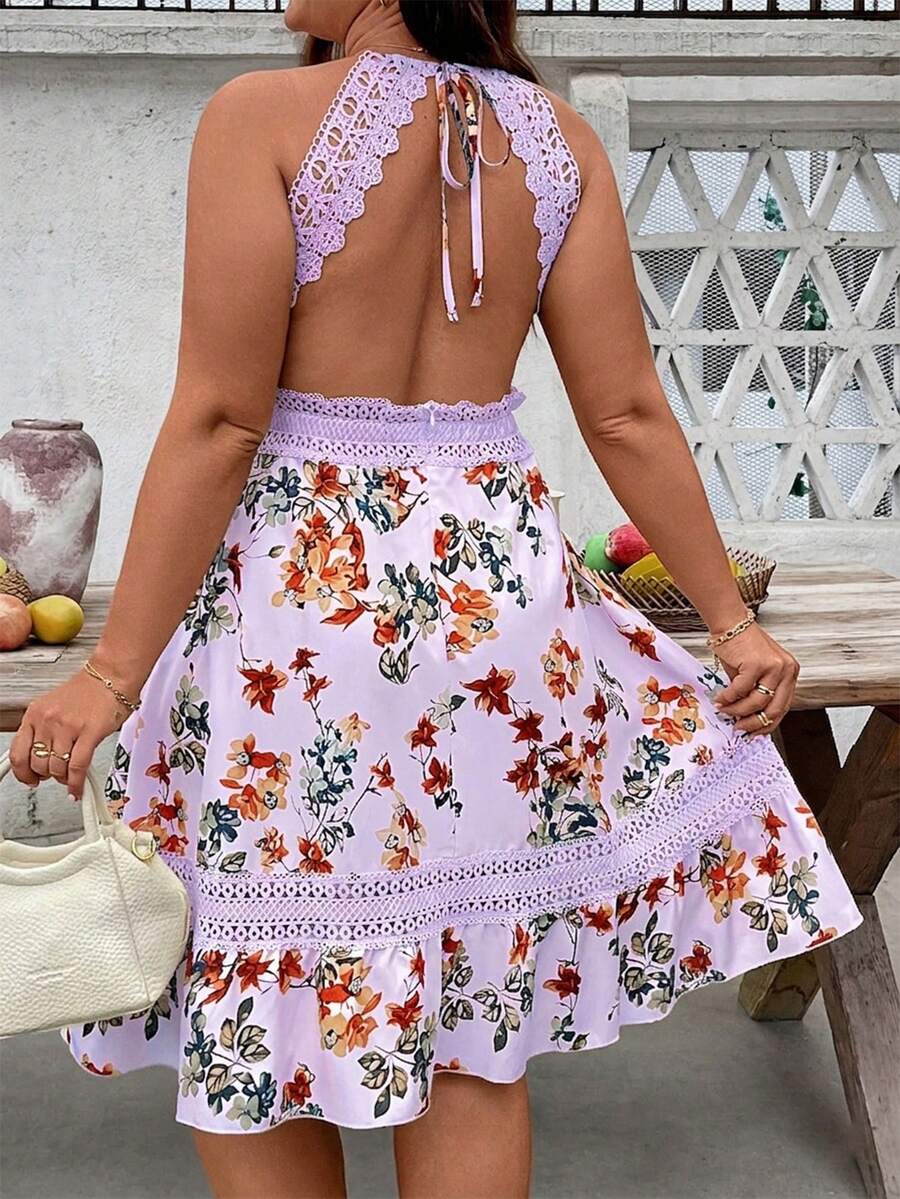 SHEIN Holidaya Đầm hè in hoa phối ren tương phản dành cho nữ, bộ đồ đi nghỉ mát cho nữ, đầm hè cho nữ, trang phục mùa xuân cho nữ. - Màu tím hoa cà - Xem 1