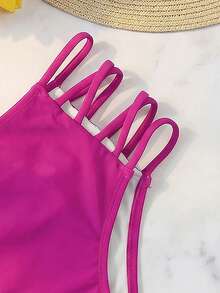 Swim Basics 女士纯色镂空性感比基尼泳裤，适合海滩度假，一口价，女士比基尼套装，泳装，塑形泳衣 - 玫紅色 - 查看 4