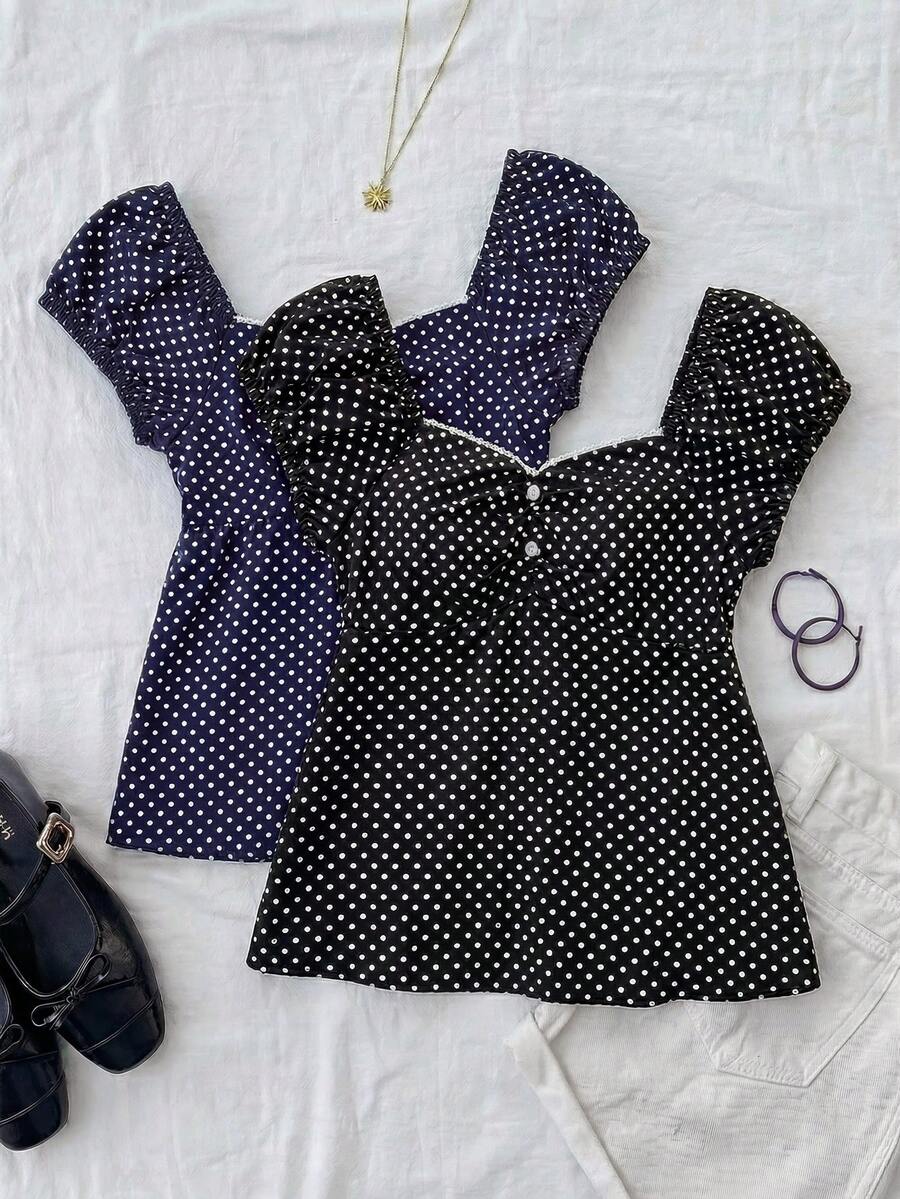 Bộ đồ nữ tuổi teen màu đen trắng, chấm bi xanh navy kiểu retro dáng chữ A với viền bèo nhún, phong cách thường ngày sinh viên. - Nhiều màu - Xem 1