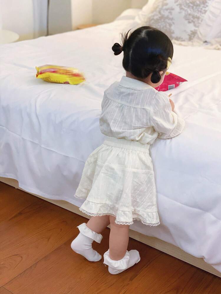 Baby Girl Korean Style Ruffled Collar Fresh Long Sleeve Shirt Set
