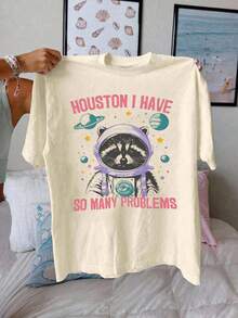 SHEIN CURVE+ Áo thun in chữ hoạt hình thường ngày cỡ lớn, mùa hè - Màu be - Xem 1