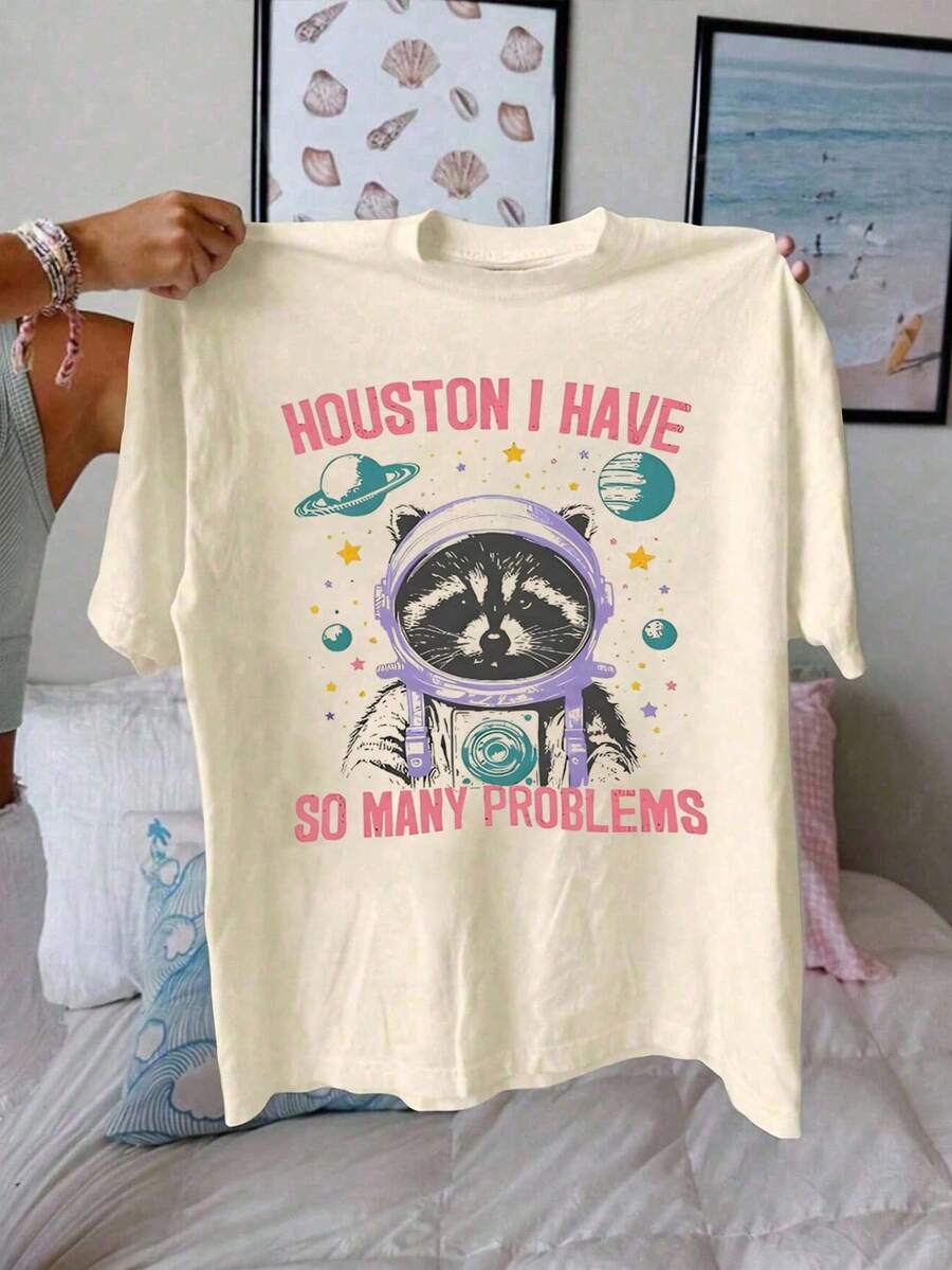 SHEIN CURVE+ Áo thun in chữ hoạt hình thường ngày cỡ lớn, mùa hè - Màu be - Xem 1