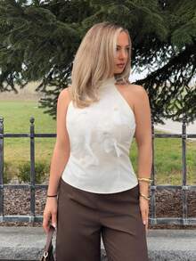 Jeta Ari 女士优雅 3D 花卉领口无袖修身衬衫 - 杏色 - 查看 5