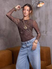 juhmazzocco Áo liền thân dài tay cổ tròn in họa tiết nhuộm tie-dye dành cho nữ, có bèo nhún. - Nhiều màu - Xem 5