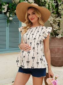 SHEIN 孕妇圆领蝴蝶结印花休闲百搭日常衬衫 - 彩色 - 查看 4