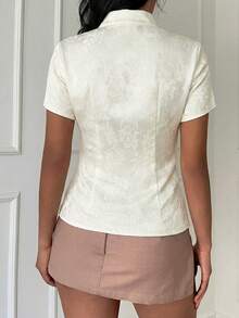 Blusa de cuello Mao de manga corta con cintura ceñida, estilo chino nuevo en color albaricoque, nuevo diseño de primavera/verano para mujer - Albaricoque 2 - Ver 4