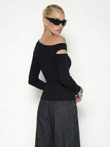 EMERY ROSE Women's Sexy Chic Cutout One-Shoulder Blouse, Black T-Shirt, Metal Button, Black Long Sleeve Top Asymmetrical - Black - View 2