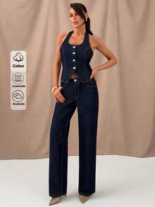 SHEIN 100% Cotton Raw Wash Button Front Top & Low Waist Straight Jean Two Pieces Denim Set - Dark Wash - View 7