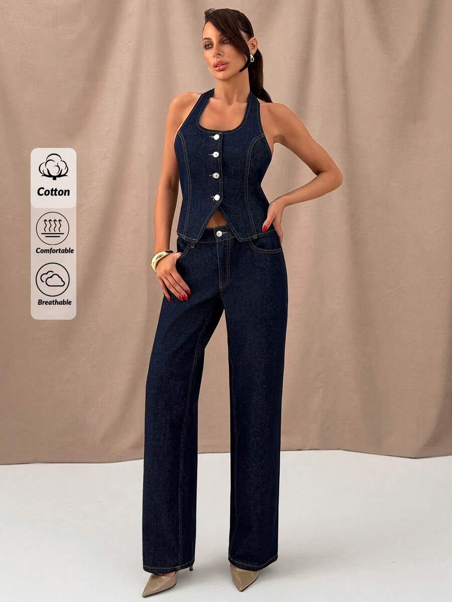 SHEIN 100% Cotton Raw Wash Button Front Top & Low Waist Straight Jean Two Pieces Denim Set - Dark Wash - View 1