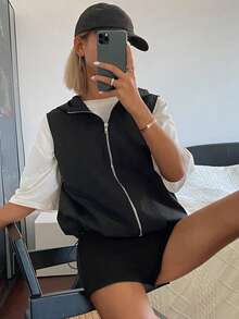 DAZY 女士宽松纯色连帽拉链休闲运动度假背心外套，夏季 - 黑色 - 查看 6