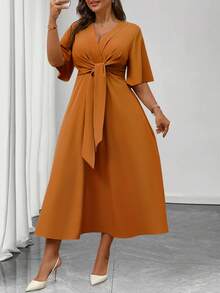 Elenzga Plus Size Women's Elegant Daily Wear V-Neck Ruffle Short Sleeve Tie-Waist A-Line Maxi Dress - Orange - View 5