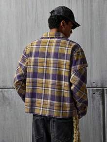 NEON BLANC Men's Plaid Print Patch Pocket Front Button Casual Long Sleeve Shirt - Brown - View 3