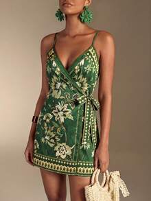 Swim Oasis 女士印花系带吊带连衣裙，度假风 - 綠色 - 查看 5