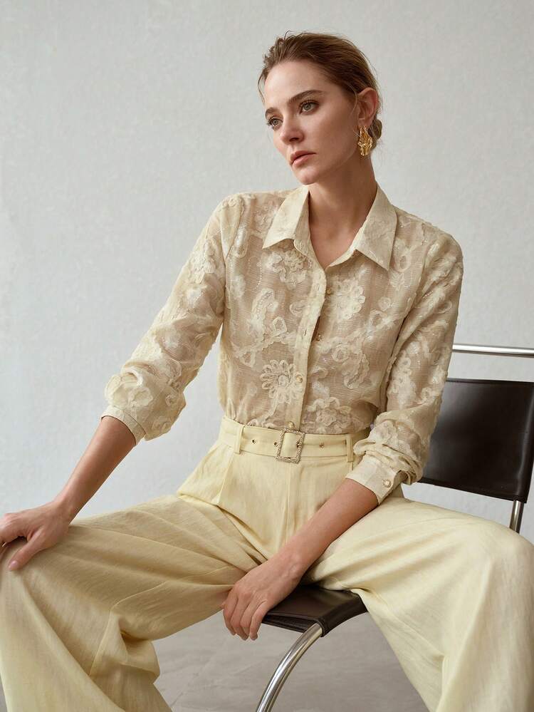 MINIMALIST ELEGANT 3D FLORAL EMBROIDERED LINEN 2 PIECES SET FOR WOMEN, YELLOW