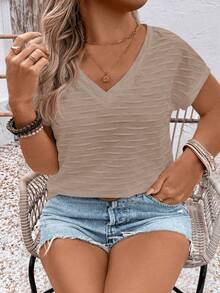 EMERY ROSE Women's Spring/Summer Casual V-Neck Short Sleeve Wavy Jacquard Textured Knit Plus Size T-Shirt - Khaki - View 5