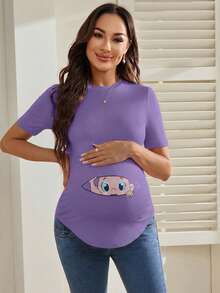 SHEIN Pregnant Women Cartoon Print Round Neck Casual Daily Short Sleeve T-Shirt Maternity T-Shirt Maternity Shirts For Women Pregnant T-Shirt Graphic Baby Tee For Pregnant Outfit - Mauve Purple - View 3