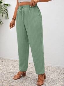 SHEIN Frenchy Plus Size Vacation Solid Color Knotted Casual Pants With Pockets - Mint Green - View 6