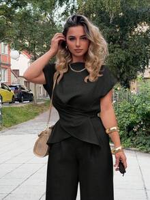 Jeta Ari 1套女士办公室裹胸系腰上衣和阔腿裤 - 黑色 - 查看 4