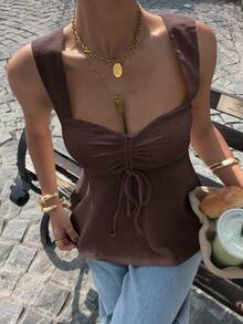 Muchica Chocolate Brown Solid Color V-Neck Casual Knit Vest For Women,Summer Top - Chocolate Brown - View 4