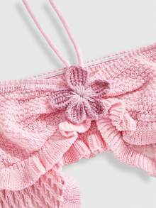 ROMWE Bộ đồ 2 món phong cách nghỉ dưỡng trên đảo, gồm áo hai dây buộc cổ và quần short cạp siêu thấp dành cho nữ. - Hồng - Xem 7