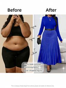 SHEIN Lady CURVE 秋冬优雅通勤办公室彩色针织立领喇叭中长袖大码连衣裙冬季女装感恩节女装冬季服装长袖连衣裙冬季冬装 - 寶藍色 - 查看 4