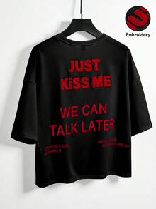 TOKVUE 街头休闲红色标语3D刺绣白色宽松T恤 - 黑色 - 查看 3