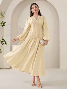 Veilorie Women's Solid Color V-Neck Lantern Sleeve Pleated Design Arabic Style Dress - Yellow - View 4