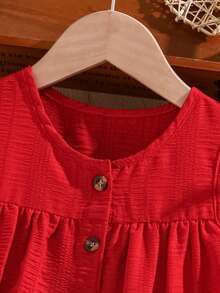 Genkimix Kids Young Girl Solid Color Round Neck Sleeveless Ruffle Front Button Summer Dress 7th Birthday - Red - View 3