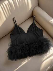 Franclia 女士夏季V领网纱拼接露背吊带连衣裙 - 黑色 - 查看 4