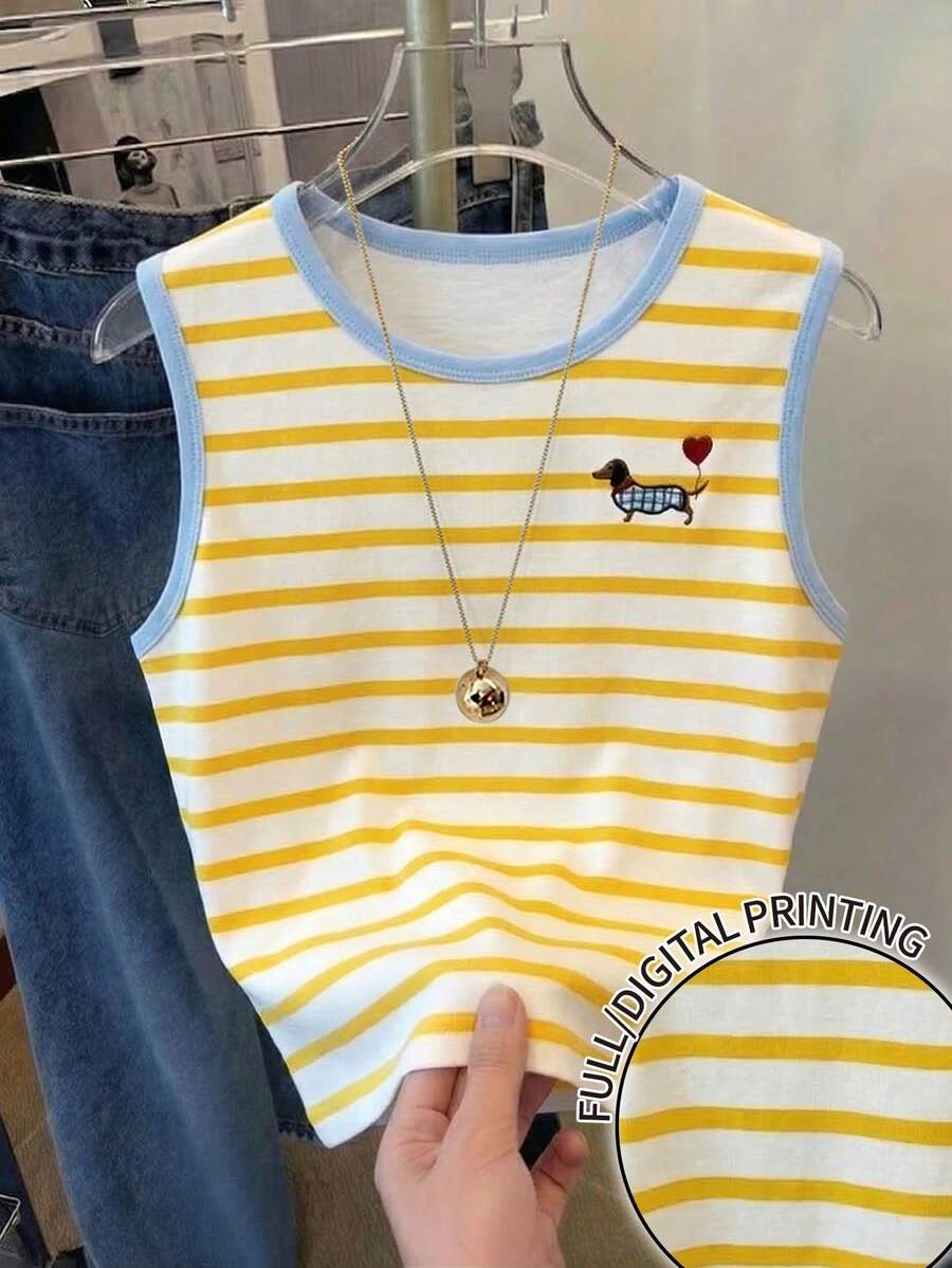 Resyla Women's Tank Top, Fashionable Colorblock Striped Cute Dachshund Pattern, Versatile Stylish Comfortable Tank Top, Adorable For Commuting And Back To School, Fashionable For Spring/Summer, Leisure And Vacation - Multicolor - View 1