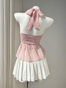 Elamini Women's Polka Dot Pattern Ruffle Trim Halter Neck Blouse - Pink - View 2