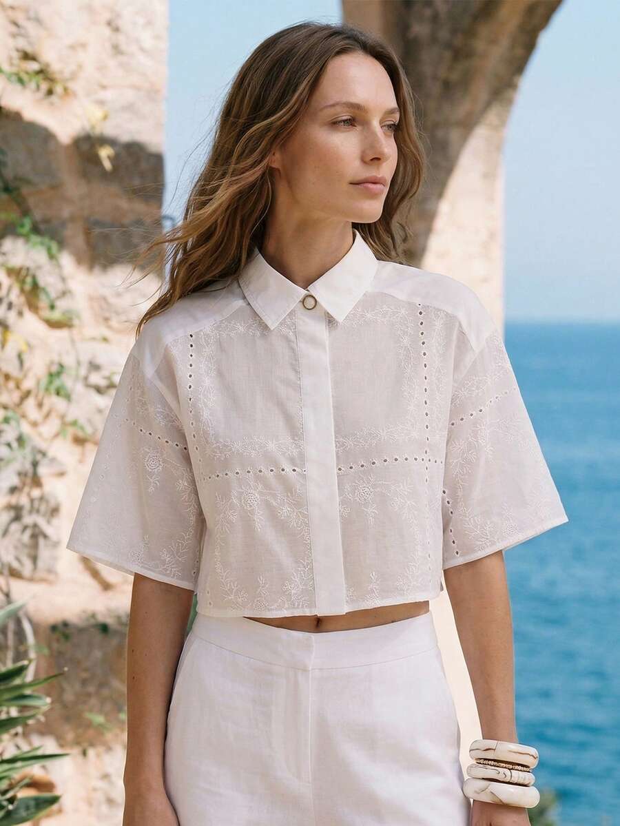 CielaLinda 女士刺绣吊带背心衬衫白色短袖衬衫 - 白色 - 查看 1