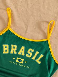 Tween Girls' English Letter Camisole, All-Match Casual Versatile Style, Suitable For Daily Outings, Travel, School And Other Occasions - Green - View 4