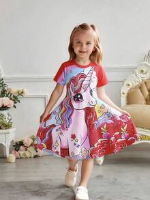 Elladie kids 女童圆领卡通独角兽可爱印花修身休闲时尚连衣裙，适合度假、聚会、旅行、夏季穿着 - 紅色 - 查看 3